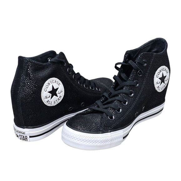Converse Chuck Taylor All Star Lux Mid Hidden Wedge Black Textured Sneaker Shoe - Picture 4 of 10